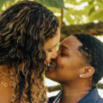 close up of brides about to kiss.