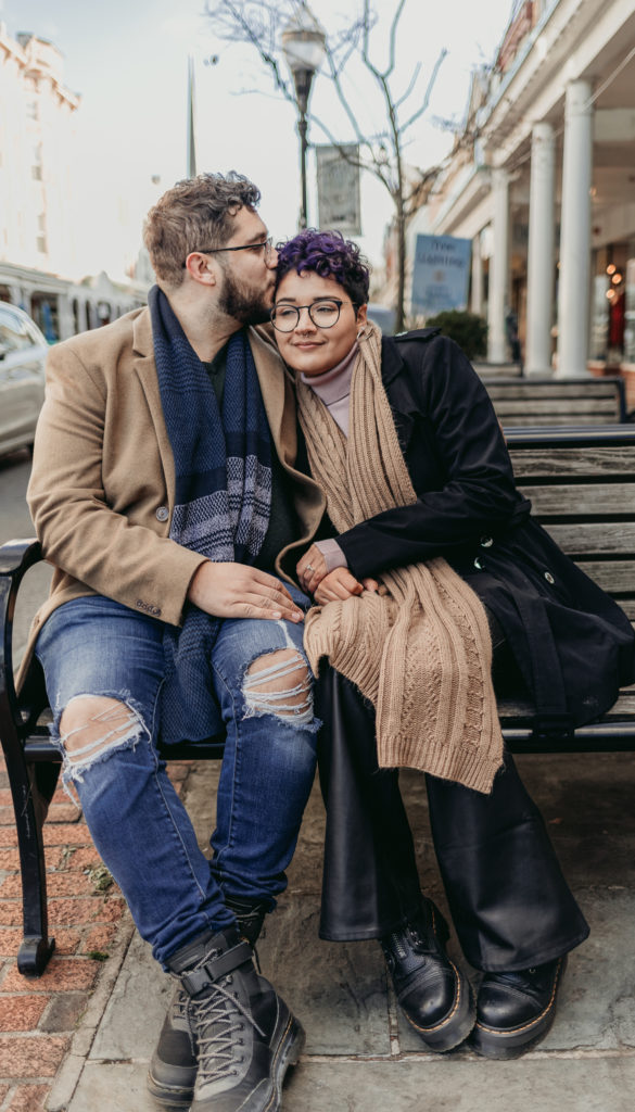 couple sitting on bench newly engaged hudson valley crys torres photography