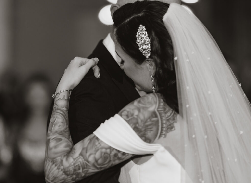 Couple on their wedding day. Black and white shot of their First dance at Revel 32 Poughkeepsie.